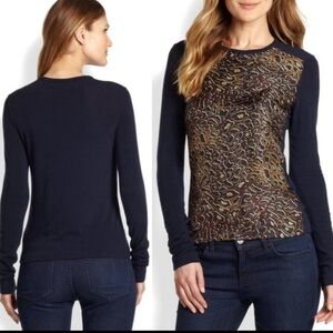Tory Burch Galena Blue and Gold Silk front, knit back long sleeve top. - Size L